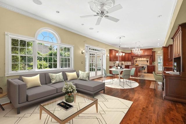 2 Ann Pl, Valhalla, NY 10595 - living room featuring a chandelier, wood finished floors, ornamental molding, ceiling fan, and recessed lighting