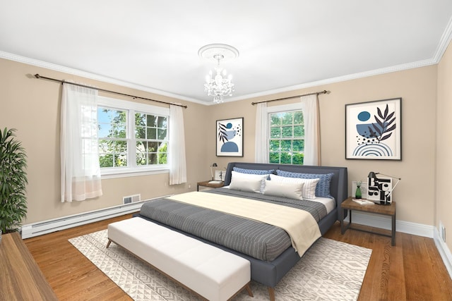 2 Ann Pl, Valhalla, NY 10595 - bedroom with baseboard heating, wood finished floors, a chandelier, and ornamental molding