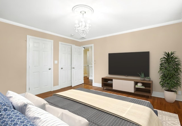 2 Ann Pl, Valhalla, NY 10595 - bedroom featuring a chandelier, wood finished floors, and crown molding