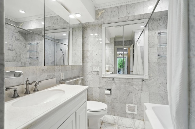2 Ann Pl, Valhalla, NY 10595 - full bathroom featuring tile walls, ornamental molding, shower / tub combo with curtain, marble finish floors, and vanity