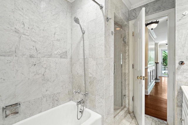 2 Ann Pl, Valhalla, NY 10595 - bathroom with ornamental molding, marble finish floors, and shower / washtub combination