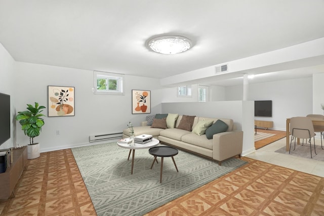 2 Ann Pl, Valhalla, NY 10595 - living area with baseboard heating, tile patterned floors, and radiator