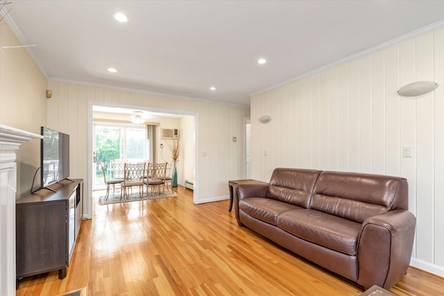 18 Gainsboro Ln, Syosset, NY 11791 - living room with crown molding, light wood-style floors, a baseboard heating unit, recessed lighting, and a wall unit AC