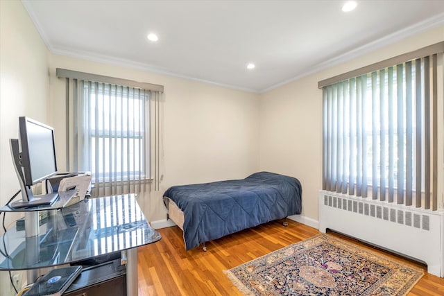 18 Gainsboro Ln, Syosset, NY 11791 - bedroom featuring radiator heating unit, crown molding, wood finished floors, and recessed lighting