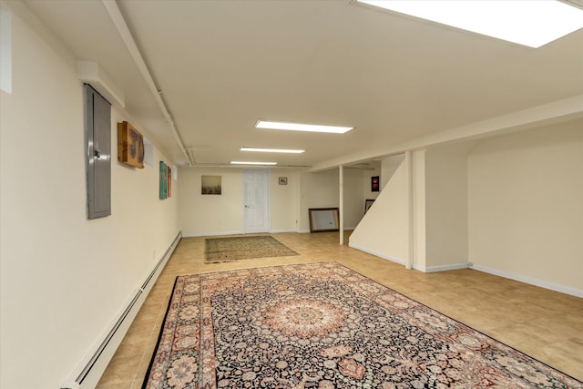 18 Gainsboro Ln, Syosset, NY 11791 - hall featuring a baseboard radiator, electric panel, stairs, and light tile patterned floors