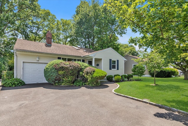 18 Gainsboro Ln, Syosset, NY 11791 - ranch-style house with a chimney, a garage, a front lawn, asphalt driveway, and roof with shingles