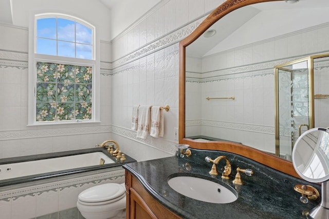 24-56 Little Neck Blvd, Bayside, NY 11360 - bathroom featuring a bath, vanity, a tile shower, and tile walls