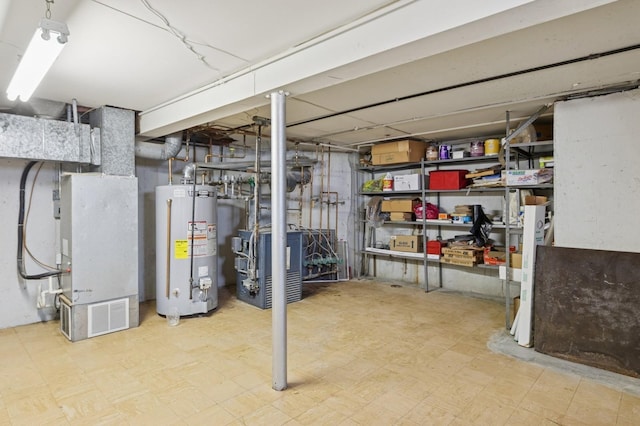 24-56 Little Neck Blvd, Bayside, NY 11360 - unfinished below grade area with water heater, tile patterned floors, a heating unit, and heating unit