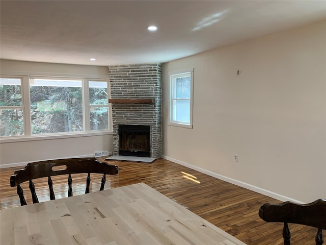 604 Basket Rd, Long Eddy, NY 12760 - living area featuring wood finished floors, a large fireplace, and recessed lighting