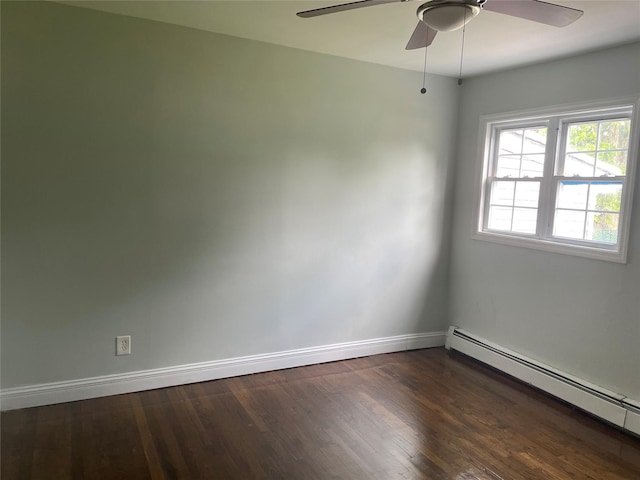 10 Kirby Ln, Central Islip, NY 11722 - empty room featuring a baseboard radiator, ceiling fan, and dark wood-style flooring