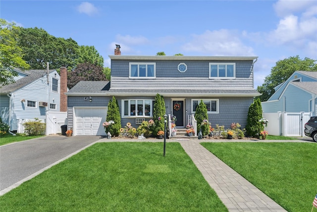 89 3rd Ave, Massapequa Park, NY 11762 - view of front of house featuring a garage, driveway, a chimney, and a gate