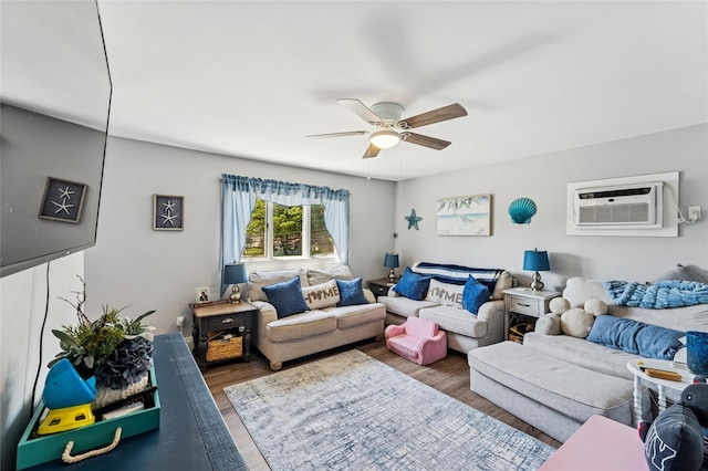 89 3rd Ave, Massapequa Park, NY 11762 - living area featuring an AC wall unit, wood finished floors, and ceiling fan