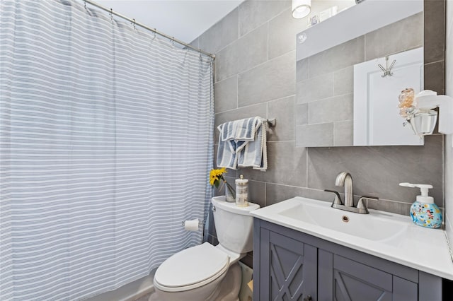 89 3rd Ave, Massapequa Park, NY 11762 - bathroom with tile walls, vanity, backsplash, and a shower with curtain