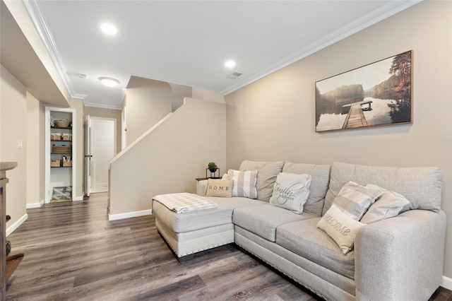 221 Winding Woods Loop Unit 55, Staten Island, NY 10307 - living area with crown molding, dark wood-style floors, recessed lighting, and stairway