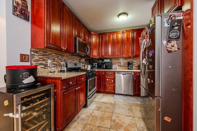 989 Sacket Ave, Bronx, NY 10462 - kitchen with stainless steel appliances, beverage cooler, dark brown cabinets, tasteful backsplash, and light stone countertops