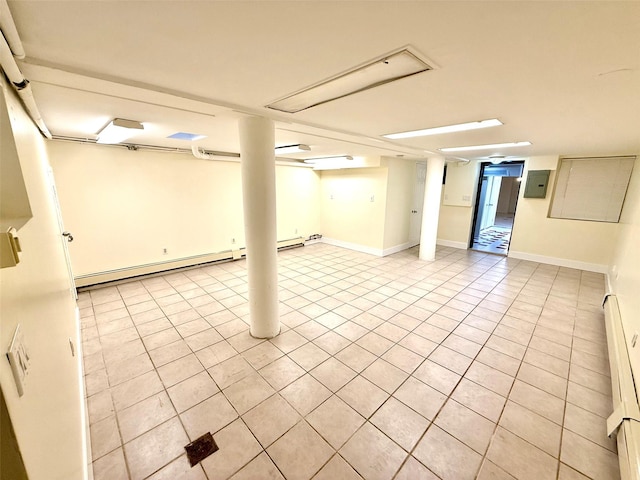 7267 Yellowstone Blvd, Forest Hills, NY 11375 - finished basement with a baseboard radiator, light tile patterned floors, electric panel, and a baseboard heating unit