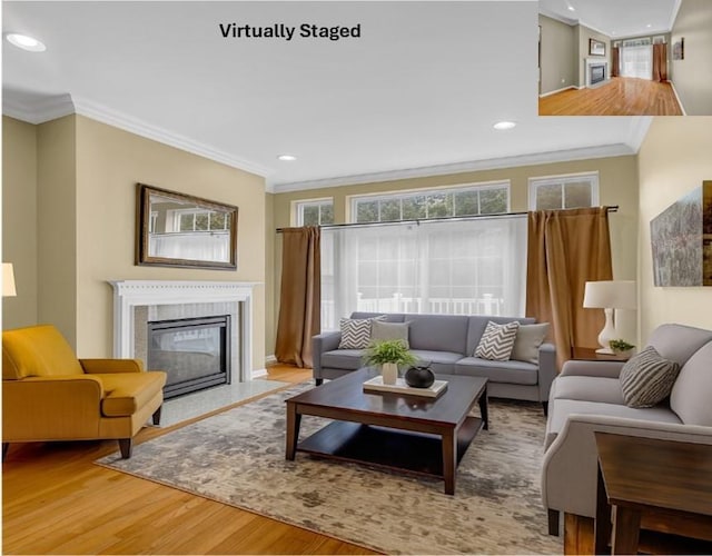 2509 Sylvan Loop, Wappingers Falls, NY 12590 - living room featuring crown molding, wood finished floors, recessed lighting, and a fireplace with flush hearth