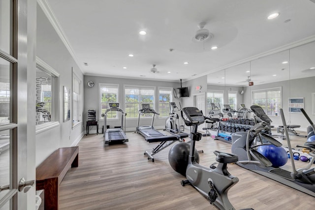 2509 Sylvan Loop, Wappingers Falls, NY 12590 - gym with recessed lighting, ornamental molding, wood finished floors, and a ceiling fan