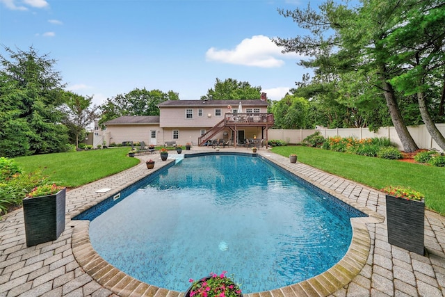69 Oakland Pl, Nanuet, NY 10954 - view of pool with stairway, a deck, a fenced backyard, and a patio area