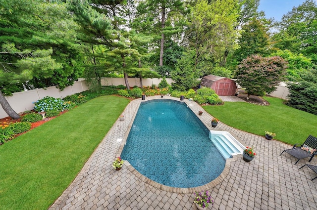 69 Oakland Pl, Nanuet, NY 10954 - view of pool featuring a shed, a fenced backyard, and a patio area