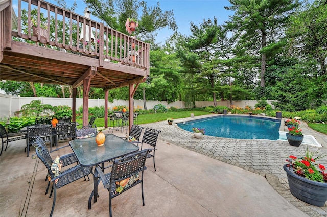 69 Oakland Pl, Nanuet, NY 10954 - view of swimming pool with outdoor dining area, a fenced backyard, a patio area, and a deck