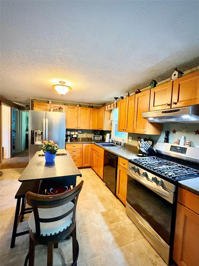 18 Amherst Rd, Red Hook, NY 12571 - kitchen featuring appliances with stainless steel finishes, under cabinet range hood, a textured ceiling, and light tile patterned floors