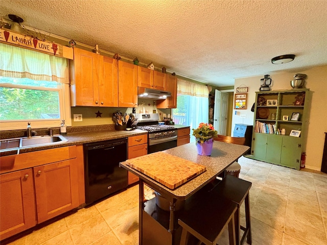 18 Amherst Rd, Red Hook, NY 12571 - kitchen with black dishwasher, gas stove, under cabinet range hood, dark countertops, and a textured ceiling