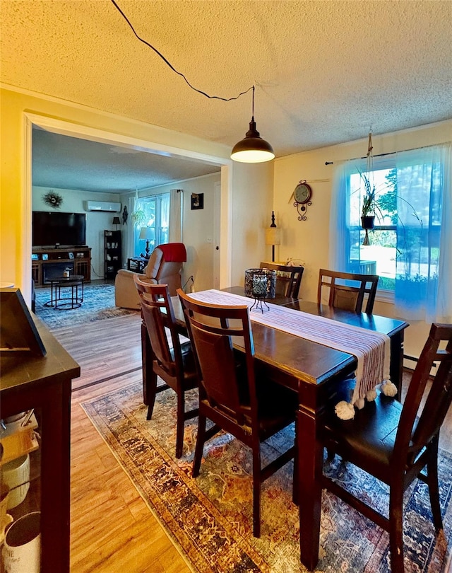 18 Amherst Rd, Red Hook, NY 12571 - dining area featuring a textured ceiling, a wall mounted AC, and light wood-style flooring