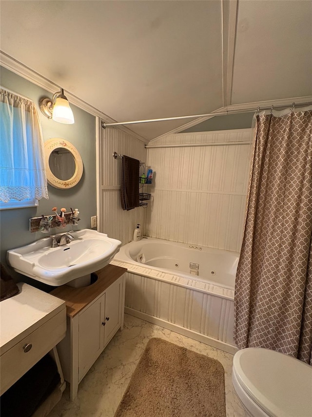 18 Amherst Rd, Red Hook, NY 12571 - bathroom with marble look tiles, vanity, a combined bath / shower with jetted tub, and crown molding