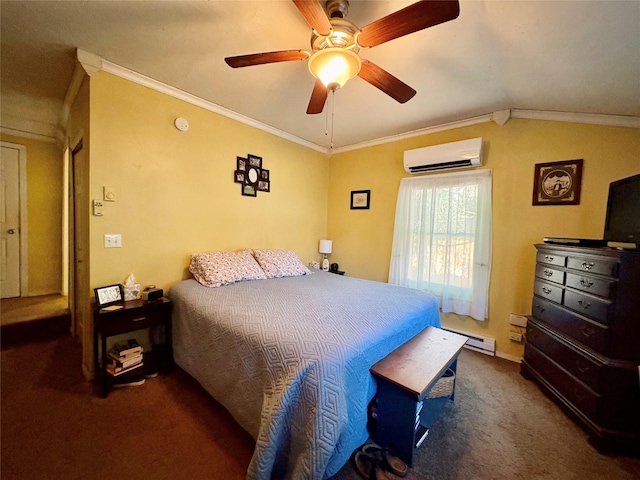 18 Amherst Rd, Red Hook, NY 12571 - bedroom featuring an AC wall unit, carpet, crown molding, lofted ceiling, and a ceiling fan