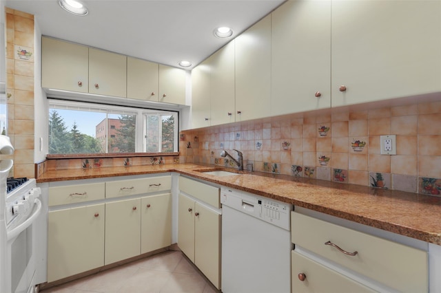 10Stewart Place 3Hw, White Plains, NY 10601 - kitchen with white appliances, backsplash, cream cabinetry, light tile patterned flooring, and recessed lighting
