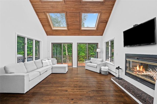 32 Pine Dr, Pound Ridge, NY 10576 - living area with high vaulted ceiling, a glass covered fireplace, a skylight, dark wood finished floors, and wood ceiling