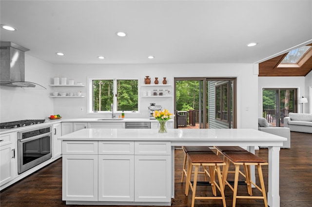 32 Pine Dr, Pound Ridge, NY 10576 - kitchen featuring open shelves, appliances with stainless steel finishes, extractor fan, plenty of natural light, and recessed lighting