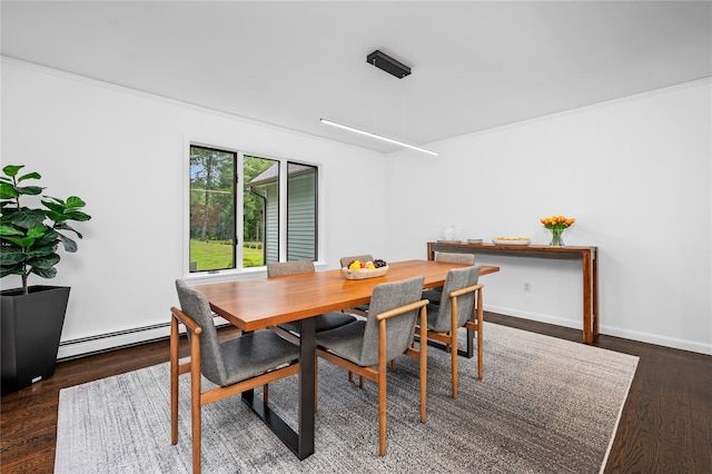 32 Pine Dr, Pound Ridge, NY 10576 - dining area featuring a baseboard radiator, wood finished floors, and crown molding