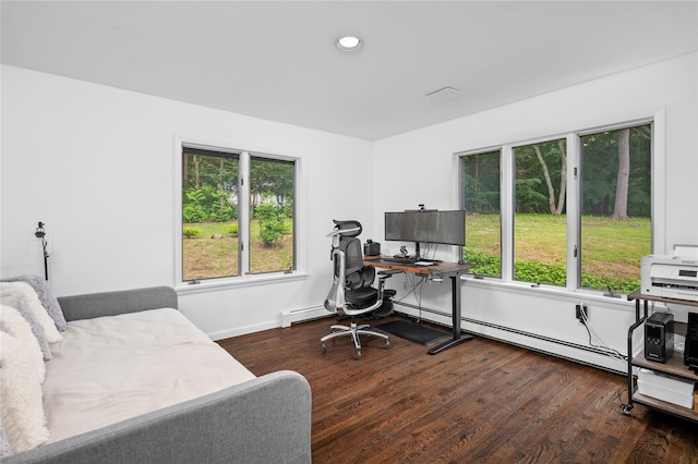 32 Pine Dr, Pound Ridge, NY 10576 - office featuring wood finished floors, recessed lighting, and a baseboard heating unit