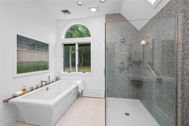 32 Pine Dr, Pound Ridge, NY 10576 - full bathroom with a freestanding bath, a shower stall, tile patterned flooring, and recessed lighting