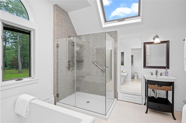 32 Pine Dr, Pound Ridge, NY 10576 - full bath with a shower stall, a bidet, vanity, and tile patterned floors