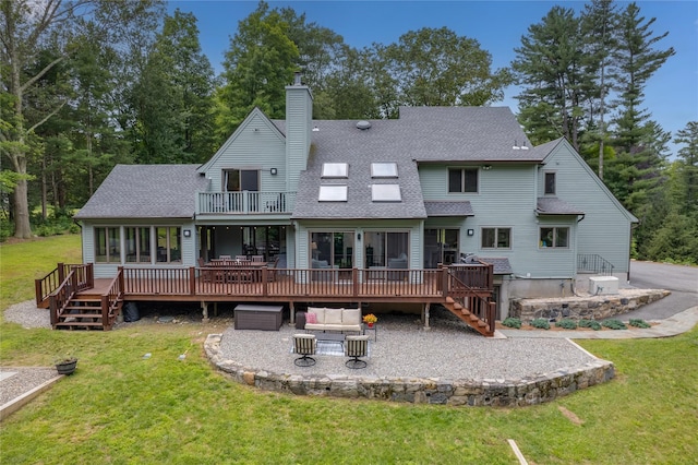 32 Pine Dr, Pound Ridge, NY 10576 - rear view of property with a balcony, a patio area, stairs, and roof with shingles