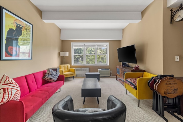 1 Balint Dr Unit 267, Yonkers, NY 10710 - living room featuring radiator, carpet, and beamed ceiling