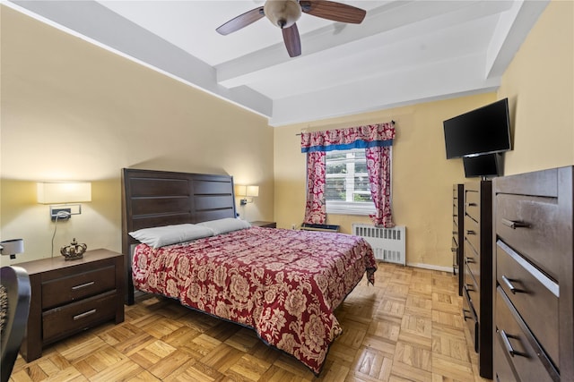 1 Balint Dr Unit 267, Yonkers, NY 10710 - bedroom with radiator, beamed ceiling, and a ceiling fan