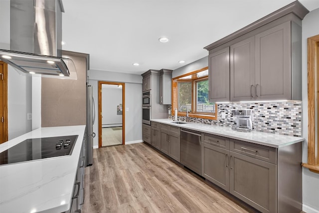 49 Oakridge Rd, North Salem, NY 10560 - kitchen featuring appliances with stainless steel finishes, ventilation hood, light wood-style flooring, gray cabinets, and recessed lighting