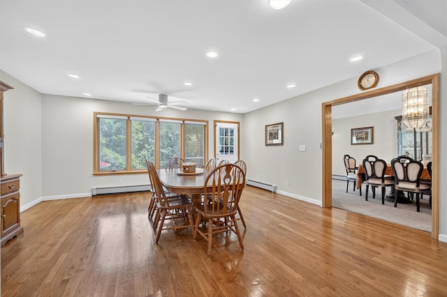49 Oakridge Rd, North Salem, NY 10560 - dining area with a baseboard heating unit, baseboard heating, light wood-style floors, ceiling fan, and recessed lighting