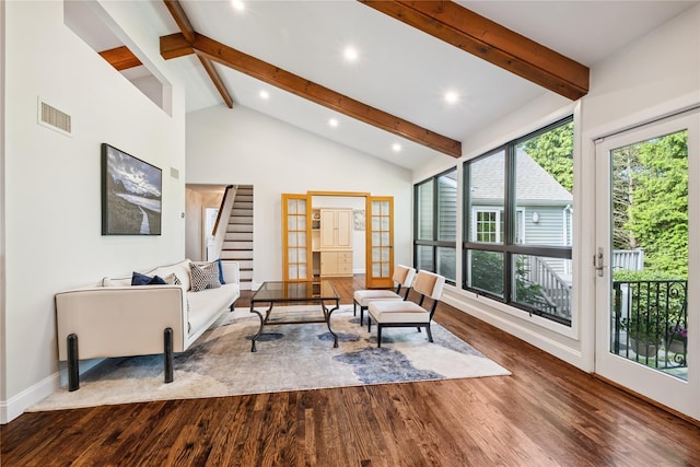 96 Highridge Rd, New Rochelle, NY 10804 - living area featuring wood finished floors, beamed ceiling, stairway, high vaulted ceiling, and recessed lighting
