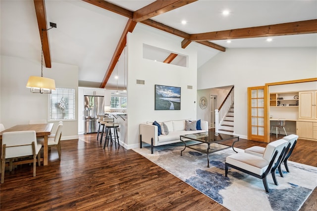 96 Highridge Rd, New Rochelle, NY 10804 - living room with dark wood-style flooring, beam ceiling, stairway, high vaulted ceiling, and recessed lighting