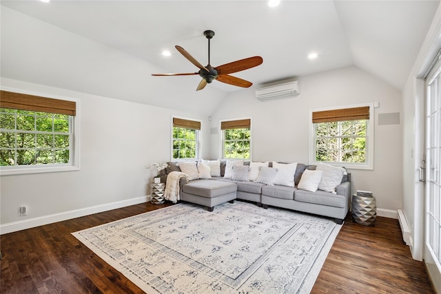 96 Highridge Rd, New Rochelle, NY 10804 - living area with a wall mounted air conditioner, vaulted ceiling, plenty of natural light, a ceiling fan, and dark wood-style floors