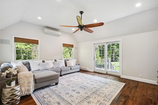 96 Highridge Rd, New Rochelle, NY 10804 - living area with a wall mounted air conditioner, vaulted ceiling, a ceiling fan, plenty of natural light, and recessed lighting