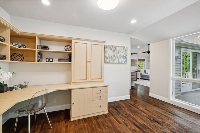 96 Highridge Rd, New Rochelle, NY 10804 - office space featuring built in desk, dark wood-style floors, a ceiling fan, and recessed lighting