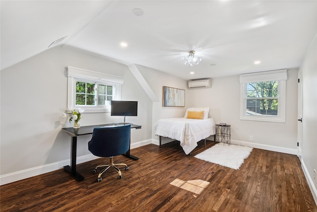 96 Highridge Rd, New Rochelle, NY 10804 - bedroom with wood finished floors, a wall unit AC, a desk, vaulted ceiling, and recessed lighting