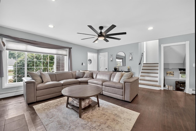 6 Spring Rock Rd, New Windsor, NY 12553 - living room featuring stairway, a baseboard radiator, a ceiling fan, dark wood-type flooring, and recessed lighting