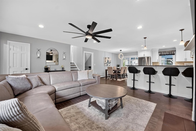 6 Spring Rock Rd, New Windsor, NY 12553 - living room featuring ceiling fan, recessed lighting, dark wood-style flooring, and stairway